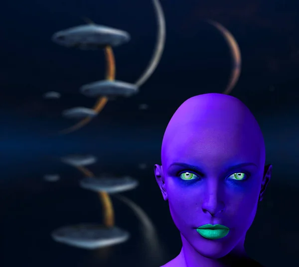 Flying Saucers Three Planets Woman Alien — Stock Photo, Image