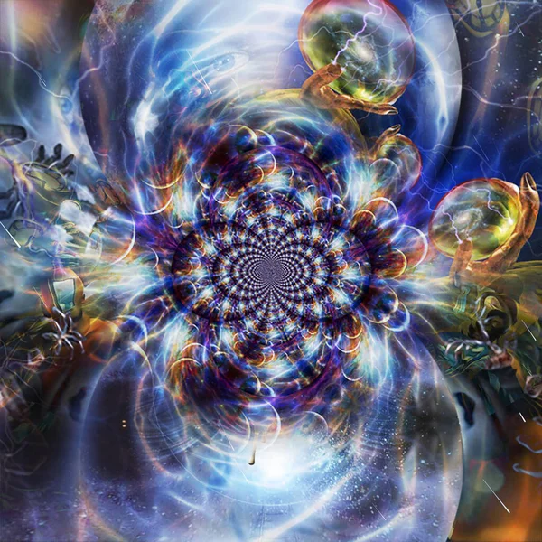 Multiverse Fractal Universes Glass Spheres Time Spirals — Stock Photo, Image