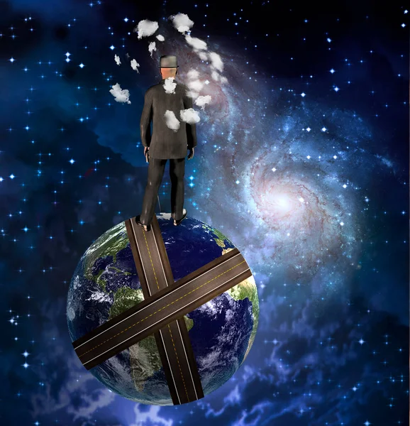 Surreal Art Road Planet Earth Man Black Suit Rendering — Stock Photo, Image