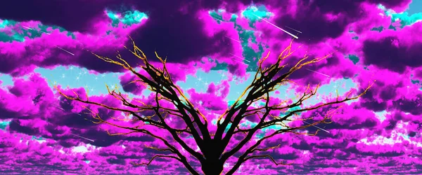 Surrealer Schwarzer Baum Und Lebendiger Himmel — Stockfoto