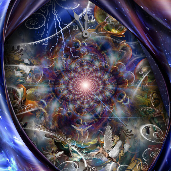 Multiverse fractal. Universes inside glass spheres. Time spirals