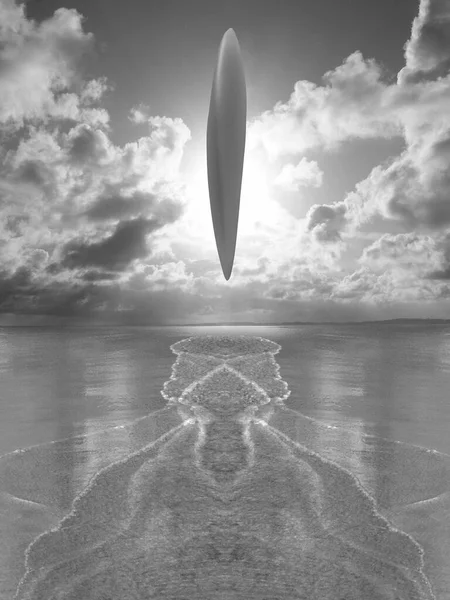 Ufo Svävar Över Havsytan Orsakar Lågvatten Moln Himlen Rendering — Stockfoto