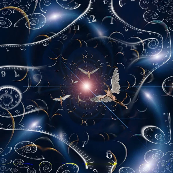 Symbolic Composition Particle God Angel Time Spirals Rendering — Stock Photo, Image