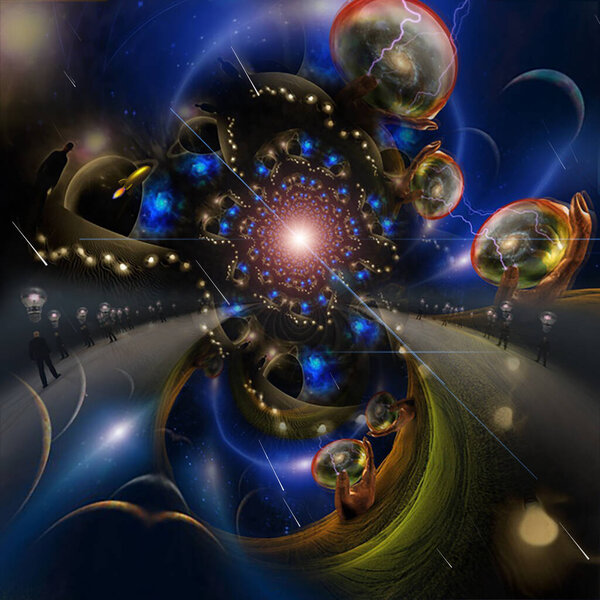 Multi Universe inside crystal spheres in giant's hands. 3D rendering