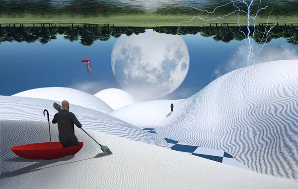 Surreal painting. Man in red umbrella floating on white desert another man flying with umbrella. Figure of man and monk in a distance. Big moon rising above green forest.