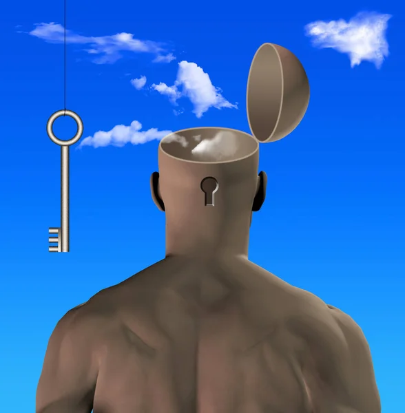 Άνθρωπος Κλειδαρότρυπα Στο Κεφάλι Χάλκινο Κλειδί Απόδοση — Φωτογραφία Αρχείου