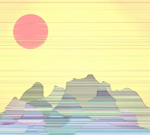 近代絵画 山の上の赤い夕日 — ストック写真