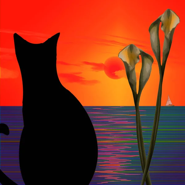 Künstlerischen Abstrakten Hintergrund Mit Silhouette Der Katze — Stockfoto