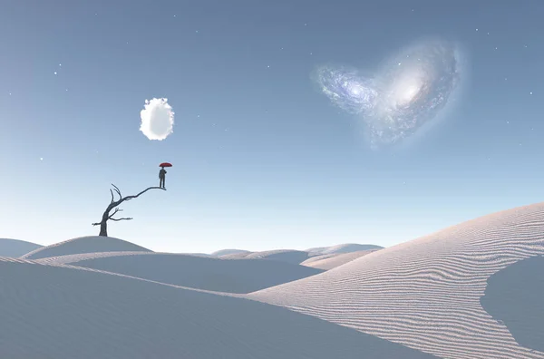 Surreale Weiße Wüste Mit Trockenem Baum Galaxien Horizont Mann Mit — Stockfoto