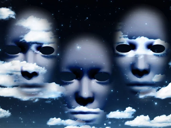 Drei Masken Wolkenverhangenen Himmel Rendering — Stockfoto