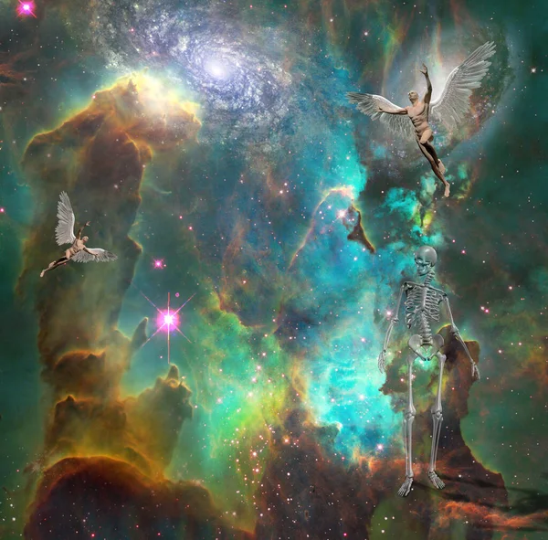 Szürrealizmus Meztelen Szárnyas Emberek Jelképezik Angyalokat Űrben Csontváz Halált Jelképezi — Stock Fotó