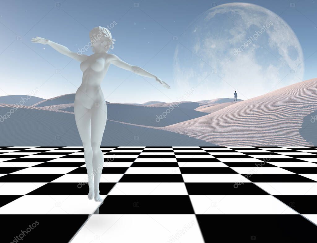 Surrealism. Woman's statue made of white stone. Lonely man in a distance. 3D rendering