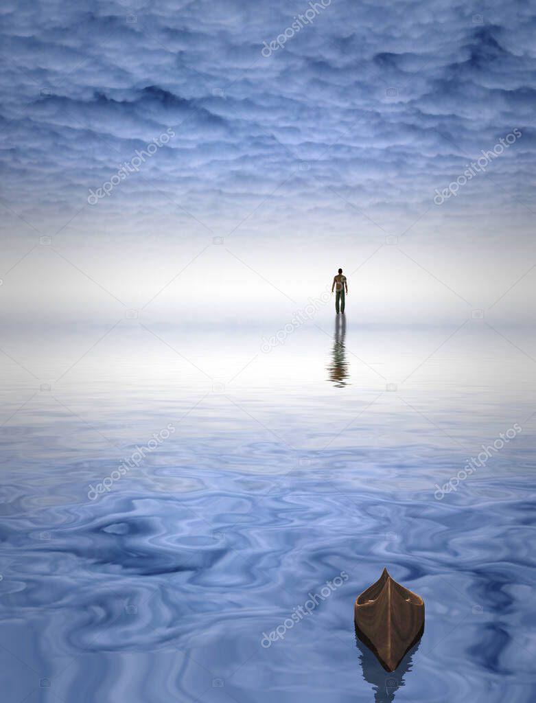 Figure of man before bright light. Empty boat.
