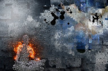 Soyut bulutlar. Kelimeler. Lotus pozunda yanan adam. Derisinde labirent deseni var.. 