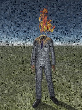 Soyut resim. Kafası yerine ateşi olan adam.