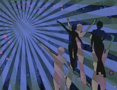 Dans eden parti kızları. Renkli pop sanat geçmişi. 3B görüntüleme