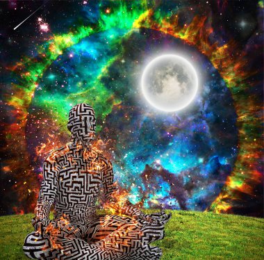 Ruhani modern sanat. Uzay Meditasyonu. Lotus pozu veren labirent adam. 3B görüntüleme