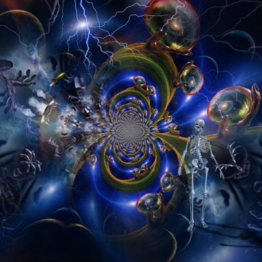 Kristal kürelerin içindeki çoklu evren devin ellerinde. 3B görüntüleme