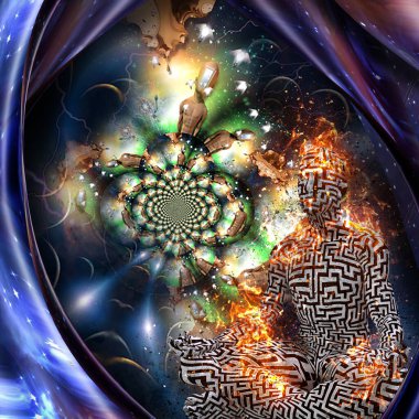 Lotus 'taki adam gerçeküstü bir sahnede meditasyon yapıyor. 3B görüntüleme