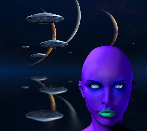 Flying Saucers Three Planets Woman Alien — Stock Photo, Image