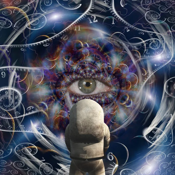 Kompleksowa Surrealistyczna Kompozycja Spirale Czasu Astronauta Przed Okiem Boga Renderowanie — Zdjęcie stockowe
