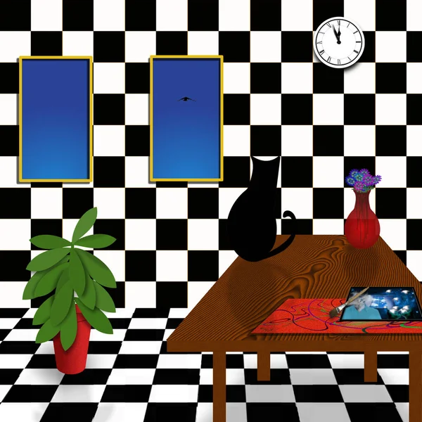 Surrealistyczny Pokój Czarnym Kotem Renderowanie — Zdjęcie stockowe
