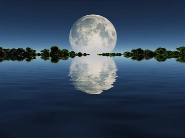 Księżyc Wschodzi Nad Wodą Renderowanie — Zdjęcie stockowe