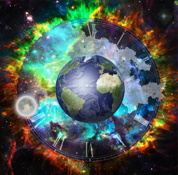 Planet Earth Fantasy Space Clock Face Rendering — Stock Photo, Image