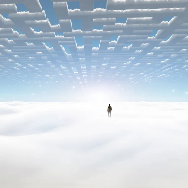 Lonely Man Surreal Landscape Clouds Rendering — Stock Photo, Image