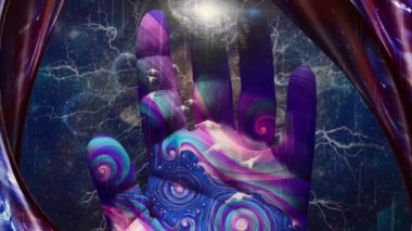 Yaratıcının eli. Bükülmüş uzay ve galaksi. Canlandırma