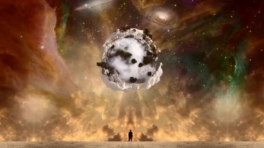 Uzaydan gelen yeni bir hayat. Siyah takım elbiseli adam canlı nebuladan önce. Gökyüzünde yeşil ağaçlar ve bulutlarla dolu bir göktaşı.