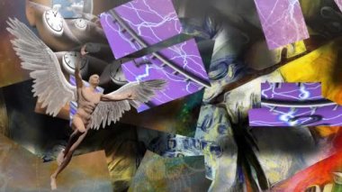 Sürrealizm. Başka bir dünyaya açılan kapısı olan bir adamın kafası. Kanatlı adam meleği temsil ediyor. Kanatlı saatler zamanın akışını simgeler.