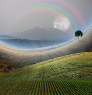 Dağ 'la huzurlu bir manzara. 3B görüntüleme