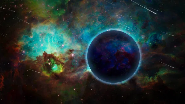 Exoplanets and falling stars. 3D rendering