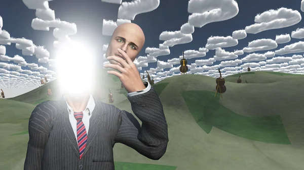 男は質問状の雲と風景の中に光を示す顔を削除します — ストック写真