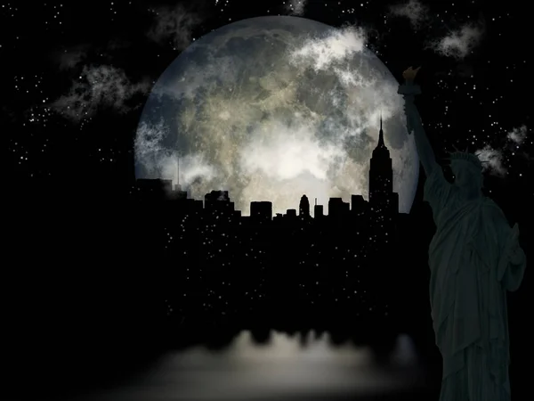 Luna Sobre Manhattan Estatua Libertad Renderizado — Foto de Stock