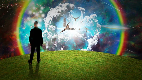 Man See Angels Surreal Sky — Stock Photo, Image