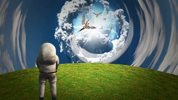 Astronaut Ziet Engelen Surrealistische Hemel — Stockfoto