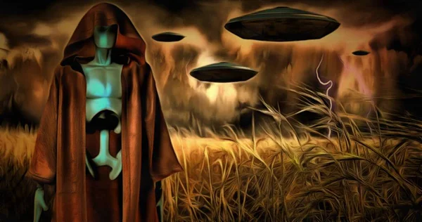 Uzaylı Istilası Ufo Sahada Uçuyor Dijital Resim Görüntüleme — Stok fotoğraf