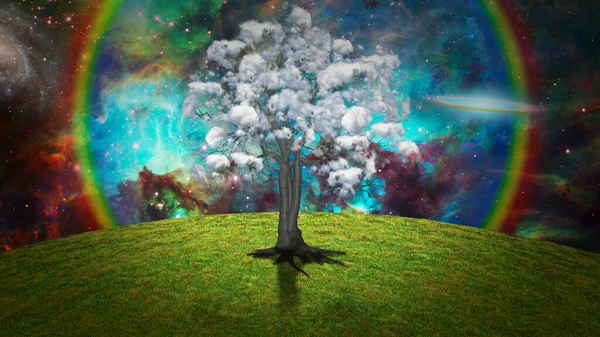 Albero Con Nuvole Paesaggio Surreale — Foto Stock