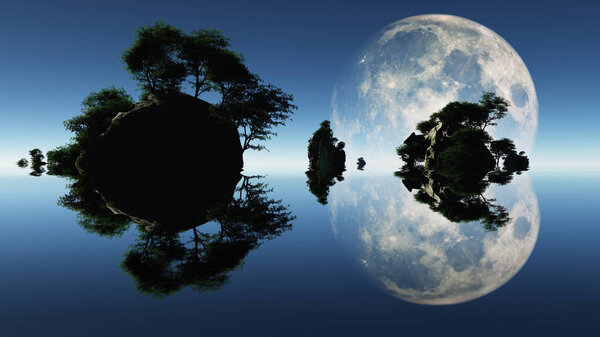 Large moon and islets. 3D rendering