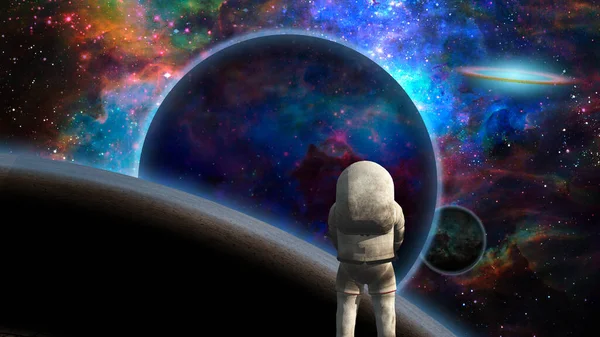 Astronaut Tittar Universum Exoplaneter Och Fallande Stjärnor — Stockfoto