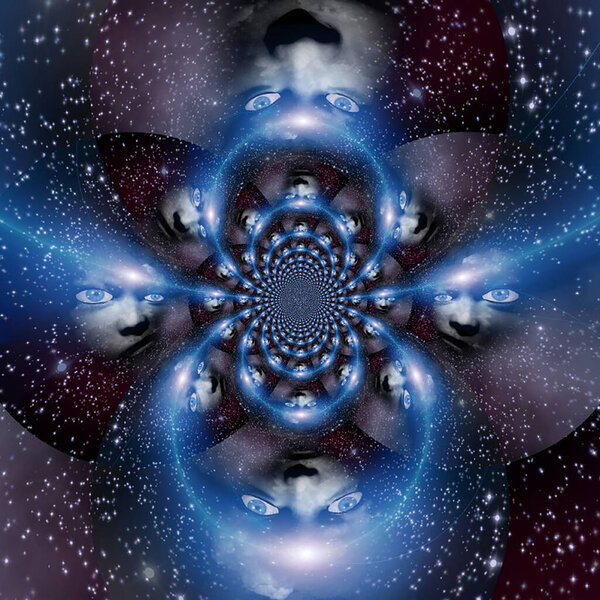 Space faces. Mirrored Fractal. 3D rendering