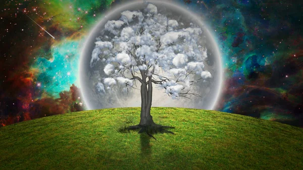 Albero Con Nuvole Paesaggio Surreale — Foto Stock