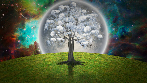 Tree with clouds. Surreal landscape