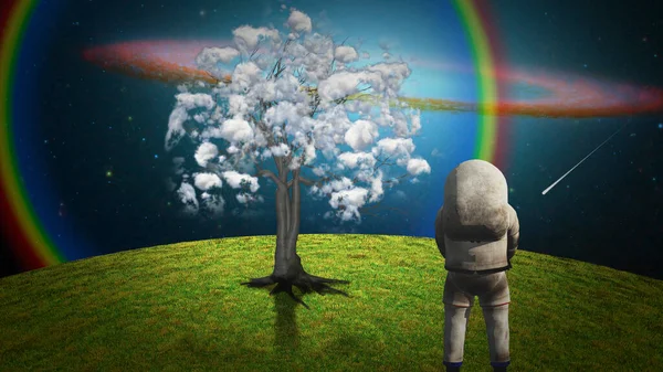 Астронавт Сюрреалістичному Пейзажі Деревом Хмар — стокове фото