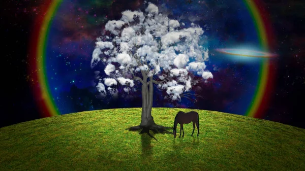 Árbol Con Nubes Paisaje Surrealista —  Fotos de Stock