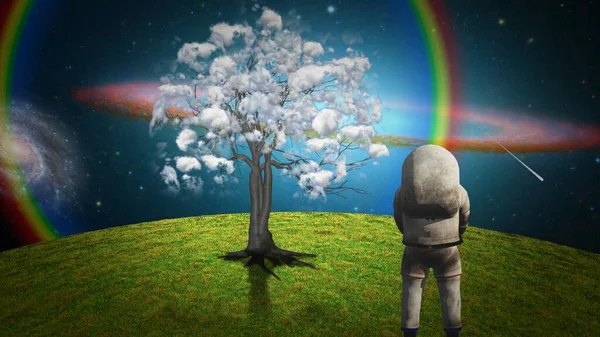 Astronaut Surrealistiskt Landskap Med Moln Träd — Stockfoto