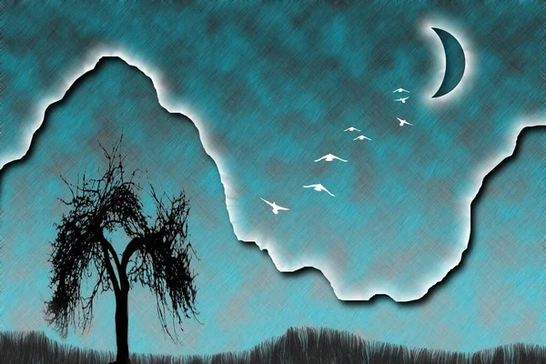 Ptáci Letí Měsíc Vykreslování — Stock fotografie