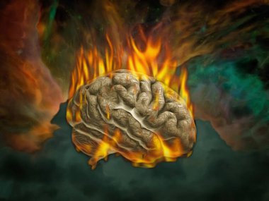 Renkli gökyüzünde yanan beyin. 3B görüntüleme